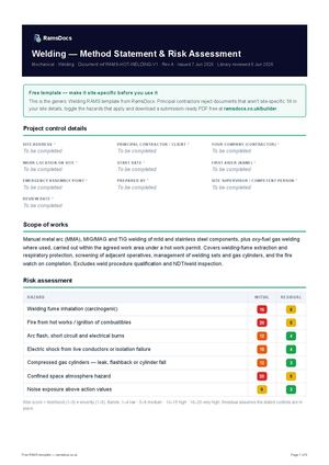 Welding — Method Statement & Risk Assessment — Free RAMS Template (UK, CDM 2015)