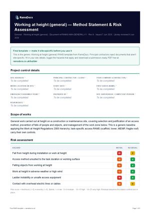 Working at height (general) — Method Statement & Risk Assessment — Free RAMS Template (UK, CDM 2015)