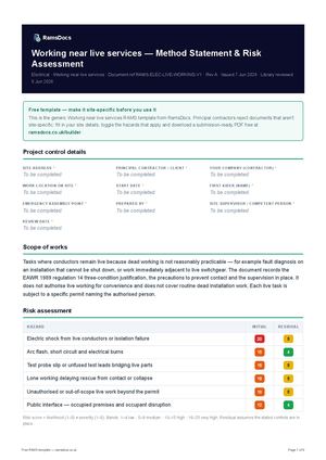 Working near live services — Method Statement & Risk Assessment — Free RAMS Template (UK, CDM 2015)
