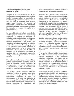 Ensayo Ventajas De Las Políticas Sociales Como Escenario De Planes