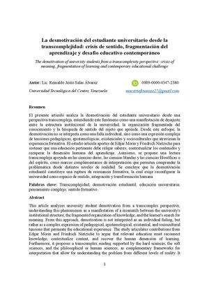 La desmotivación del estudiante universitario desde la transcomplejidad: crisis de sentido, fragmentación del aprendizaje y desafío educativo contemporáneo