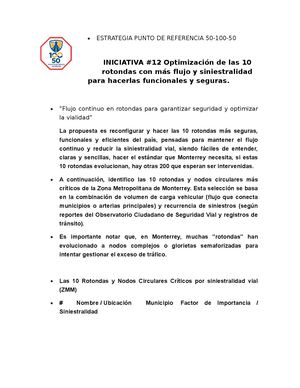 Iniciativa #12 Punto De Referencia 50.100.50, Optimización De Las 10 Rotondas Críticas Por Flujo Y Siniestralidad De Monterrey Por Raul Alberto Peniche Mendoza 2026