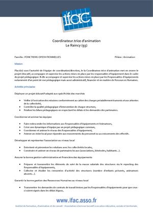 Coordinateur Trice D'animation - CDD - Le Raincy