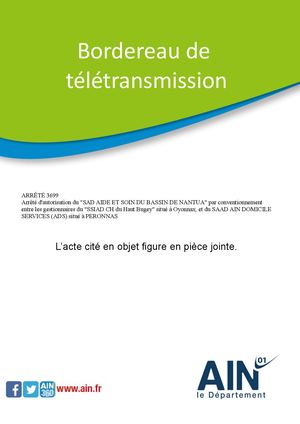 Arrêté D'autorisation  Du SAD AIDE ET SOIN DU BASSIN DE NANTUA Par Conventionnement Entre Les Gestionnaires Du SSIAD CH Du Haut Bugey Situé à Oyonnax, Et Du SAAD AIN DOMICILE SERVICES (ADS) Situé à PERONNAS