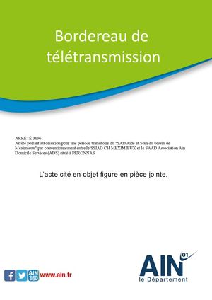 Arrêté Portant Autorisation Pour Une Période Transitoire Du SAD Aide Et Soin Du Bassin De Meximieux Par Conventionnement Entre Le SSIAD CH MEXIMIEUX Et Le SAAD Association Ain Domicile Services (ADS) Situé à PERONNAS