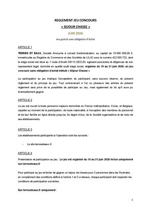 RÈGLEMENT TERRES & EAUX SÉJOUR CHASSE 2026