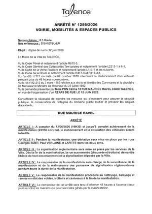 Arrete 1286-2026-Repas De Rue Rue Maurice Ravel Le 12-06-2026-Publié Le 08 06 2026