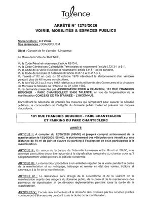 Arrete 1275-2026-Concert De Fin D'annee L'inconnue 181 Rue F Boucher Le 12-06-2026-Publié Le 08 06 2026