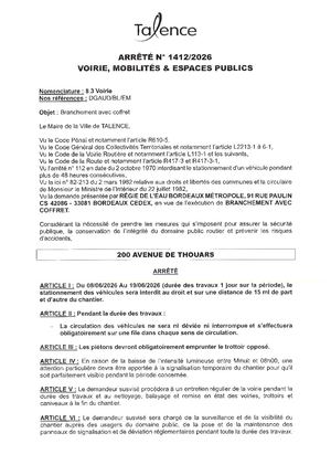 Arrete 1412-2026-Branchement Avec Coffret 200 Avenue De Thouars Du 8 Au 19-06-2026-Publié Le 08 06 2026