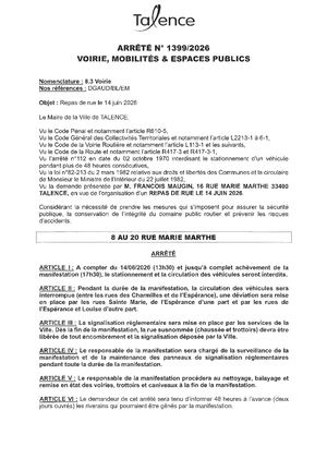 Arrete 1399-2026-Repas De Rue Du 8 Au 20 Rue Marie Marthe Le 14-06-2026-Publié Le 08 06 2026