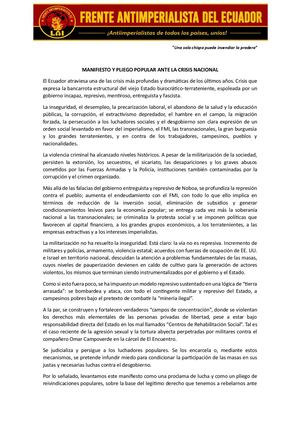 Manifiesto Y Pliego Popular Ante La Crisis Nacional Del Ecuador