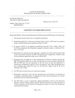 Matthew Thiel Voluntary Surrender (Wisconsin Teaching License)
