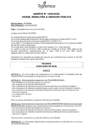 Arrete 1420 2026 Circulation Dans Les Couloirs De Bus Talence
