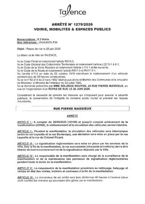 Arrete 1279 2026 Repas De Rue Le 28 06 2026 Rue Pierre Massieux