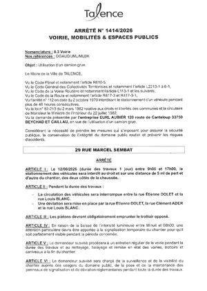 Arrêté 1414 2026 Utilisation D'un Camion Grue 29 Rue Marcel Sembat Le 12 06 2026