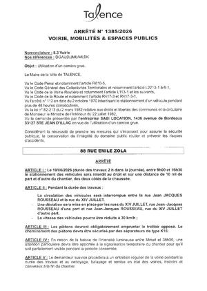 Arrêté 1385 2026 Utilisation D'un Camion Grue 88 Rue Emile Zola Le 19 06 2026