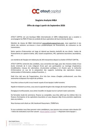 Atout Capital - Offre de Stage - Septembre 2026