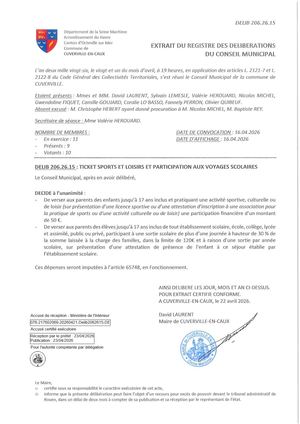 206 26 15 Ticket Sports Et Loisirs Et Participation Aux Voyages Scolaires