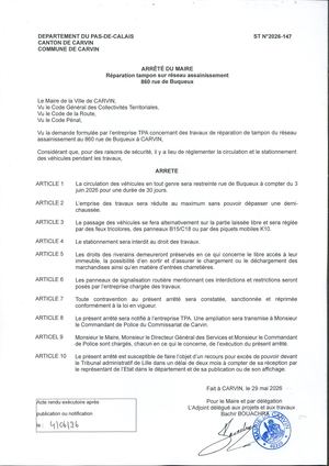 TRAVAUX DE REPARATION SUR RESEAU ASSAINISSEMENT - 860 RUE DE BUQUEUX - ENT TPA