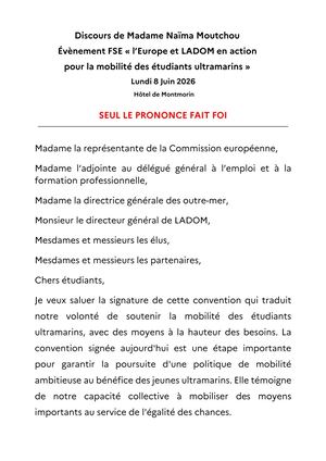 Discours de Naïma MOUTCHOU | Signature de la convention pour la mobilité des jeunes entre LADOM et la DGEFP
