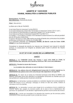 Arrete 1423-2026-Manutention 477-481 Crs De La Liberation Le 13-06-2026-Publié Le 11 06 2026