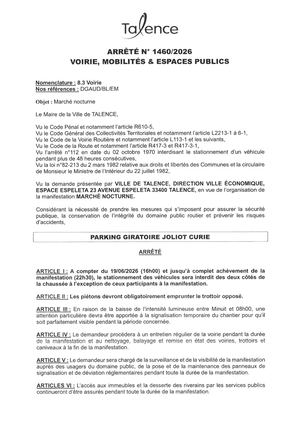 Arrete 1460-2026-Marche Nocturne Parking Joliot Curie Le 19-06-2026-Publié Le 11 06 2026