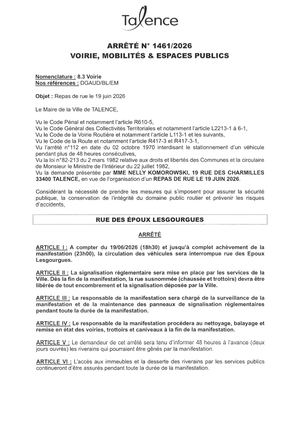 Arrete 1461-2026-Repas De Rue-Rue Des Epoux Lesgourgues Le 19-06-2026-Publié Le 11 06 2026