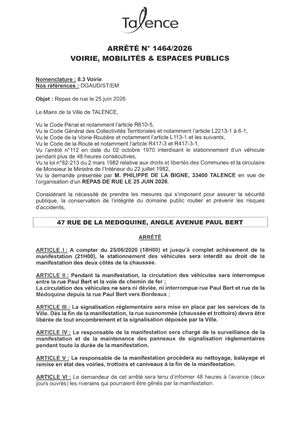 Arrete 1464-2026-Repas De Rue - 47 Rue De La Medoquine Le 25-06-2026-Publié Le 11 06 2026