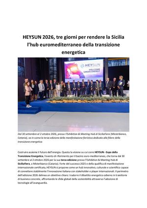 HEYSUN 2026, tre giorni per rendere la Sicilia l’hub euromediterraneo della transizione energetica