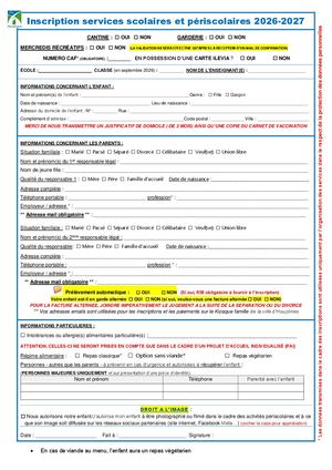 Inscription Services Scolaires et Périscolaires (cantine, garderie, mercredis récréatifs) 2026-2027
