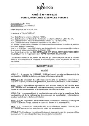 Arrete 1458-2026-Repas De Rue-Rue Berthome Le 27-06-2026-Publié Le 11 06 2026