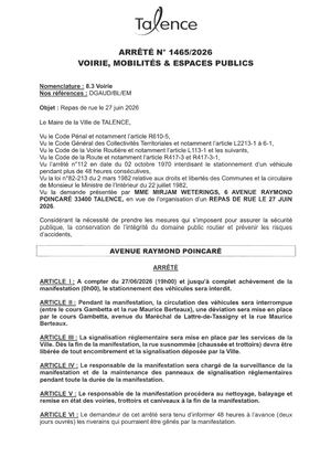 Arrete 1465-2026-Repas De Rue-Avenue Poincare Le 27-06-2026-Publié Le 11 06 2026
