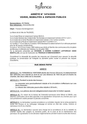Arrete 1474-2026-Travaux Amenagement Rue Denis Papin Du 15-06 Au 17-07-2026-Publié Le 11 06 2026