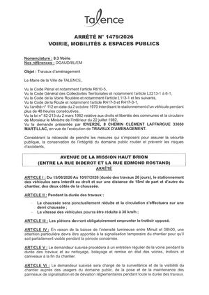 Arrete 1479-2026-Travaux Amenagement Avenue De La Mission Haut-Brion Du 15-06 Au 17-07-2026-Publié Le 11 06 2026