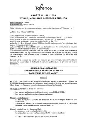 Arrete 1481-2026-Devoiement ResEau Eau Potable-Cours De La Liberation Du 15-06 Au 14-09-2026-Publié Le 11 06 2026