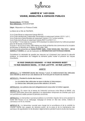 Arrete 1451-2026-Reparation Poteau Enedis 46 Rue Charles Gounod Et Autres Rues Le 15-06-2026-Publié Le 11 06 2026