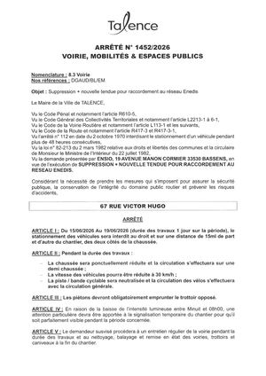 Arrete 1452-2026-Suppression + Nouvelle Tendue Raccordement Enedis 67 Rue Victor Hugo Du 15 Au 19-06-2026-Publié Le 11 06 2026