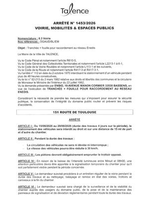 Arrete 1453-2026-Tranchee + Fouille Raccordement Enedis 151 Route De Toulouse Du 15 Au 29-06-2026-Publié Le 11 06 2026
