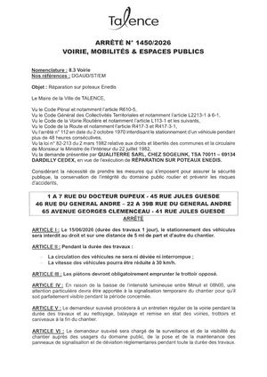 Arrete 1450-2026-Reparation Poteau Enedis Diverses Rues Le 15-06-2026-Publié Le 11 06 2026
