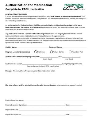 Medication Authorization Form -City of Farmington Hills