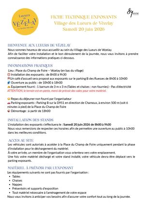 Fiche Technique Exposants Village Des Lueurs De Vézelay Samedi 20 Juin 2026