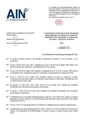 Arrêté Fixant Le Forfait Mensuel De Dépendance 2026 Applicable à La Maison D'Accueil Et De Résidence Pour L'Autonomie Le Jardin Des Courtanes à Serrières De Briord