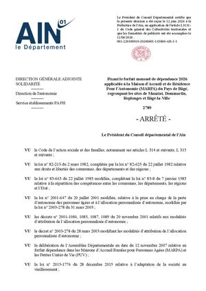 Fixant Le Forfait Mensuel De Dépendance 2026 Applicable à La Maison D'Accueil Et De Résidence Pour L'Autonomie (MARPA) Du Pays De Bâgé, Regroupant Les Sites De Manziat, Dommartin, Replonges Et Bâgé-la Ville
