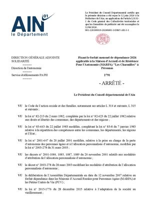 Fixant Le Forfait Mensuel De Dépendance 2026 Applicable à La Maison D'Accueil Et De Résidence Pour L'Autonomie (MARPA) Les Charmilles à Péronnas