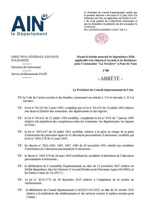 Fixant Le Forfait Mensuel De Dépendance 2026 Applicable à La Maison D'Accueil Et De Résidence Pour L'Autonomie La Verchère à Pont De Vaux