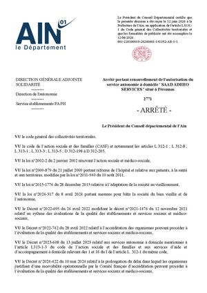 Arrêté Portant Renouvellement De L'autorisation Du Service Autonomie à Domicile Saad Adheo Services Situé à Péronnas
