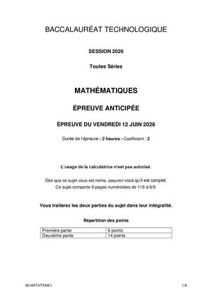 Epreuve Math Bac Techno 2026