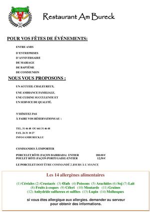 CARTE DU RESTAURANT