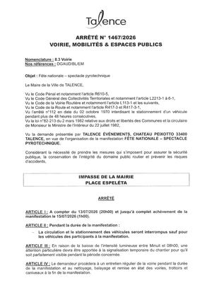 Arrete 1467-2026-Fete Nationale Spectacle Pyrotechnique Impasse De La Mairie-PLace Espeleta Le 13-07-2026-Publié Le 12 06 2026