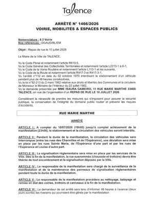 Arrete 1466-2026-Repas De Rue-Rue Marie Marthe Le 10-07-2026-Publié Le 12 06 2026